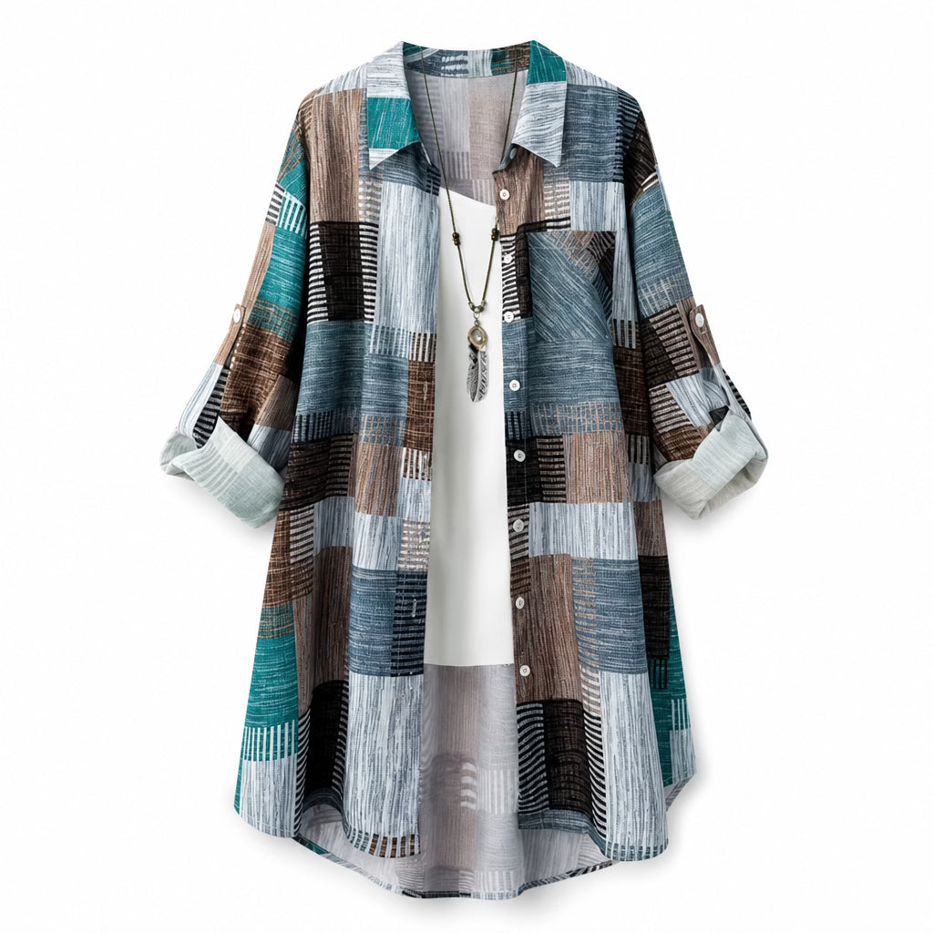 Nia - Lang geschnittene Hemdjacke mit Patchwork-Print