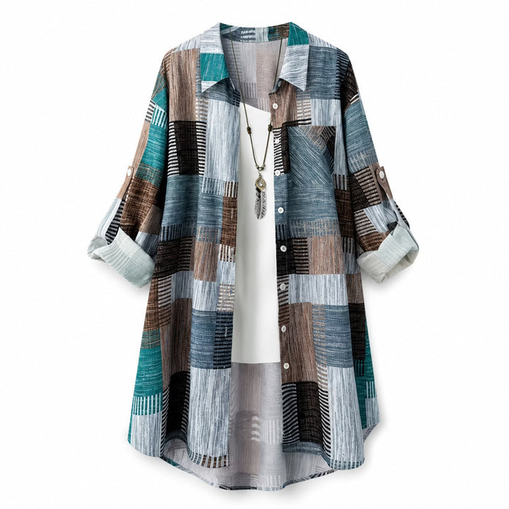 Nia - Lang geschnittene Hemdjacke mit Patchwork-Print