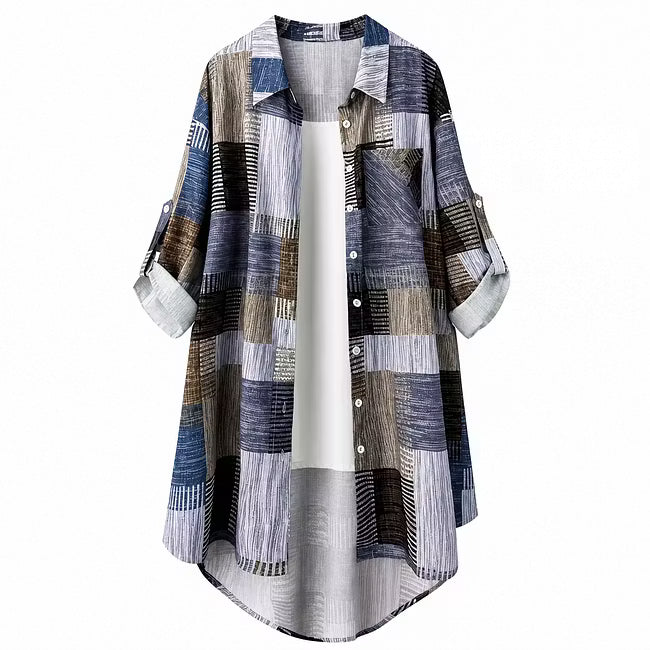 Nia - Lang geschnittene Hemdjacke mit Patchwork-Print