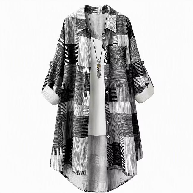 Nia - Lang geschnittene Hemdjacke mit Patchwork-Print