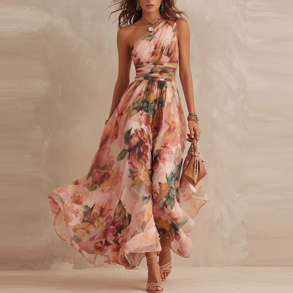 Alisa - Fließendes Maxikleid mit einseitig platziertem Floralmuster