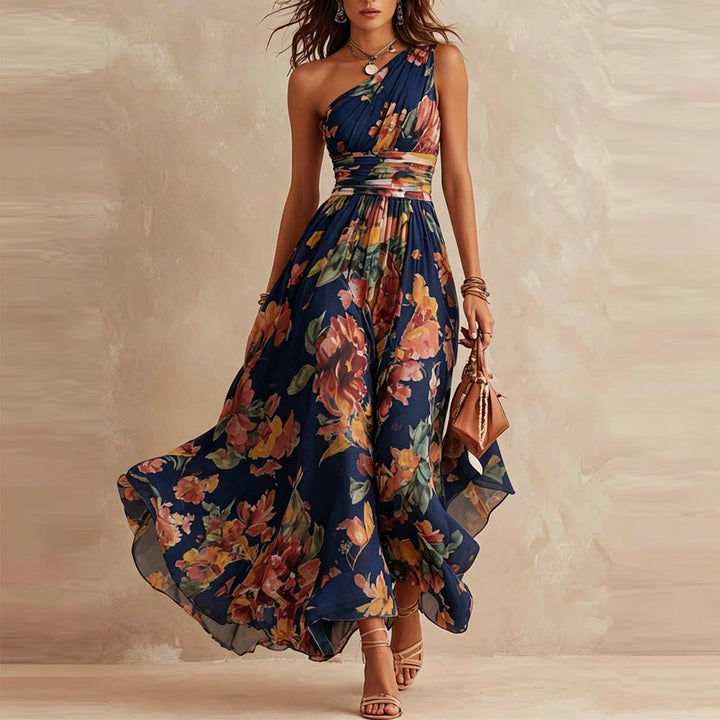 Alisa - Fließendes Maxikleid mit einseitig platziertem Floralmuster