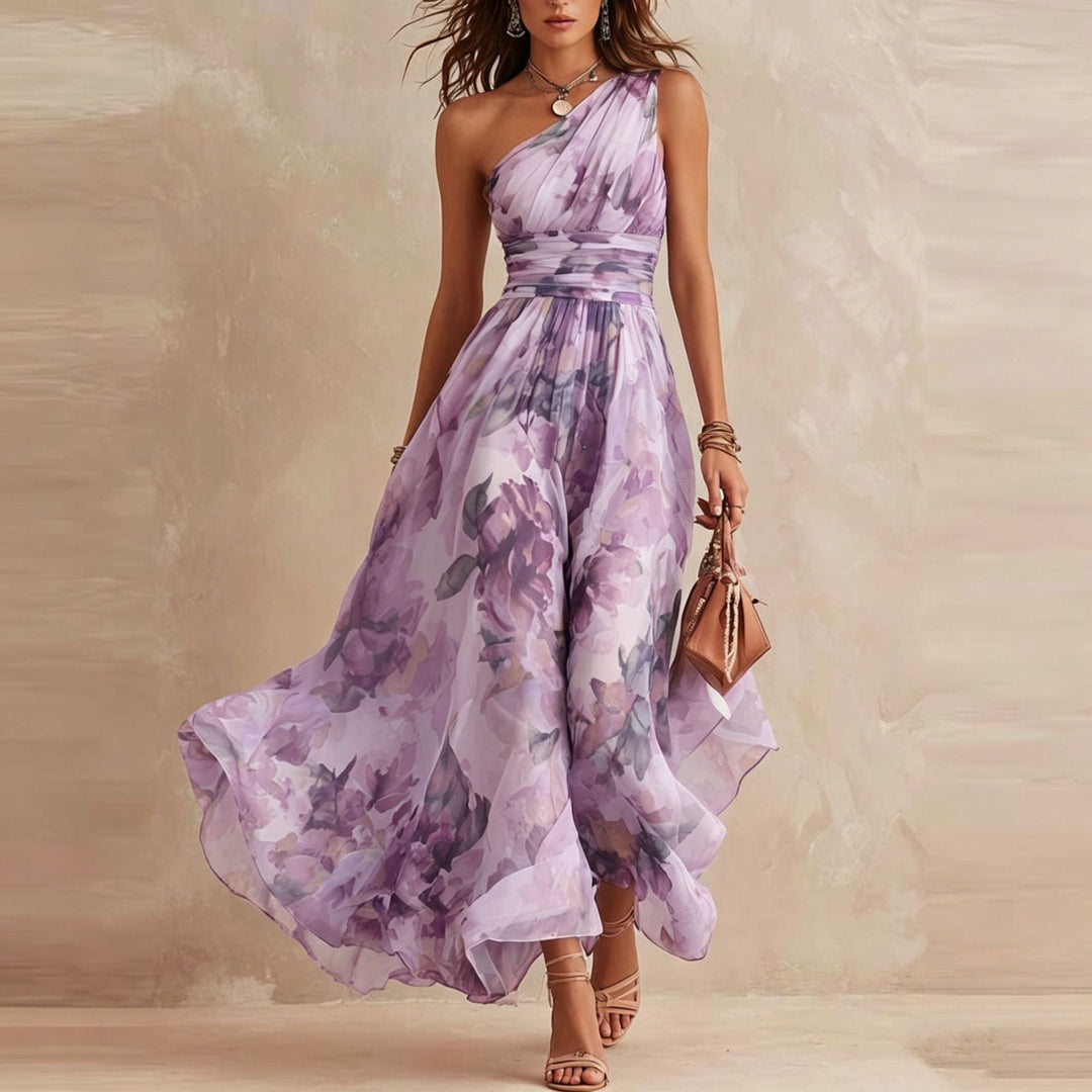 Alisa - Fließendes Maxikleid mit einseitig platziertem Floralmuster