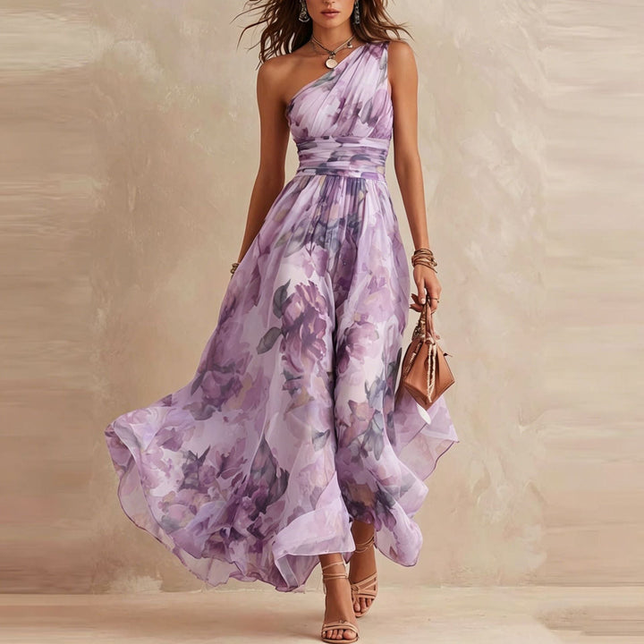 Alisa - Fließendes Maxikleid mit einseitig platziertem Floralmuster