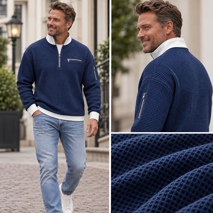 Brice - Strukturiertes Waffelstrick-Sweatshirt mit 1/4-Reißverschluss