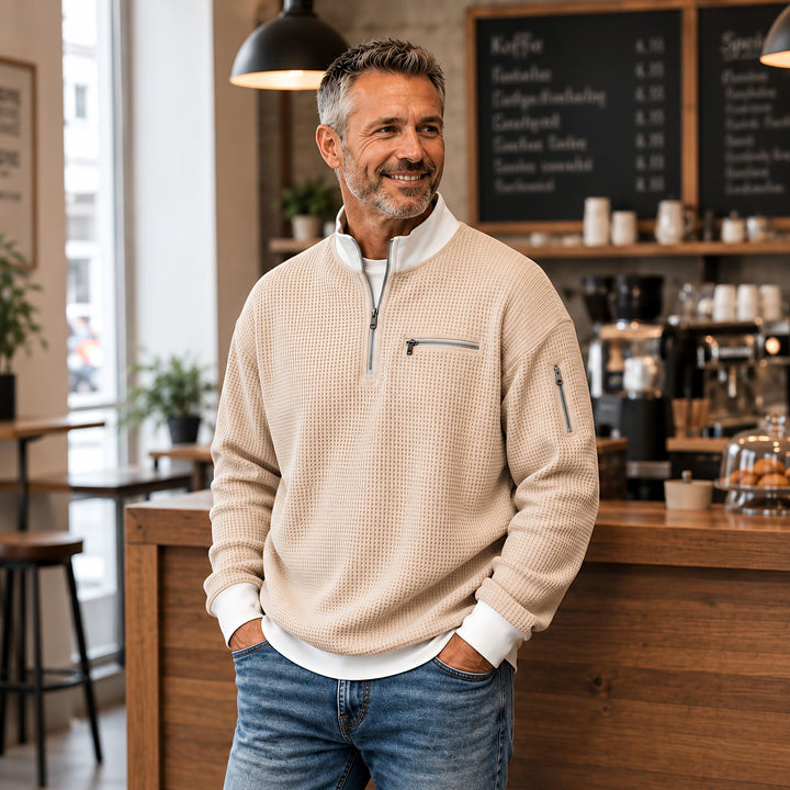 Brice - Strukturiertes Waffelstrick-Sweatshirt mit 1/4-Reißverschluss