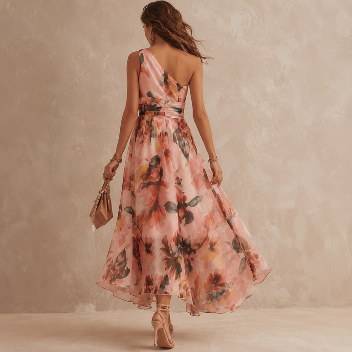 Alisa - Fließendes Maxikleid mit einseitig platziertem Floralmuster
