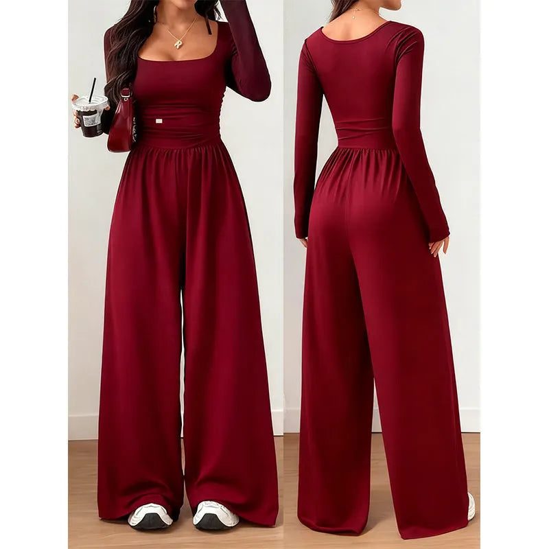 Alise - Geraffter Jumpsuit mit quadratischem Ausschnitt und weitem Bein