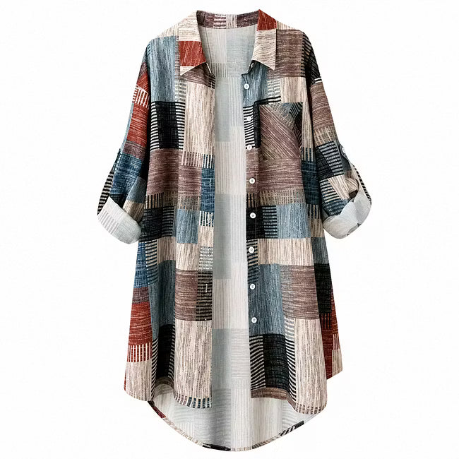 Nia - Lang geschnittene Hemdjacke mit Patchwork-Print