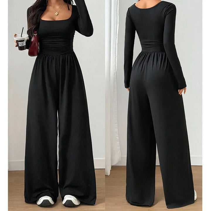 Alise - Geraffter Jumpsuit mit quadratischem Ausschnitt und weitem Bein